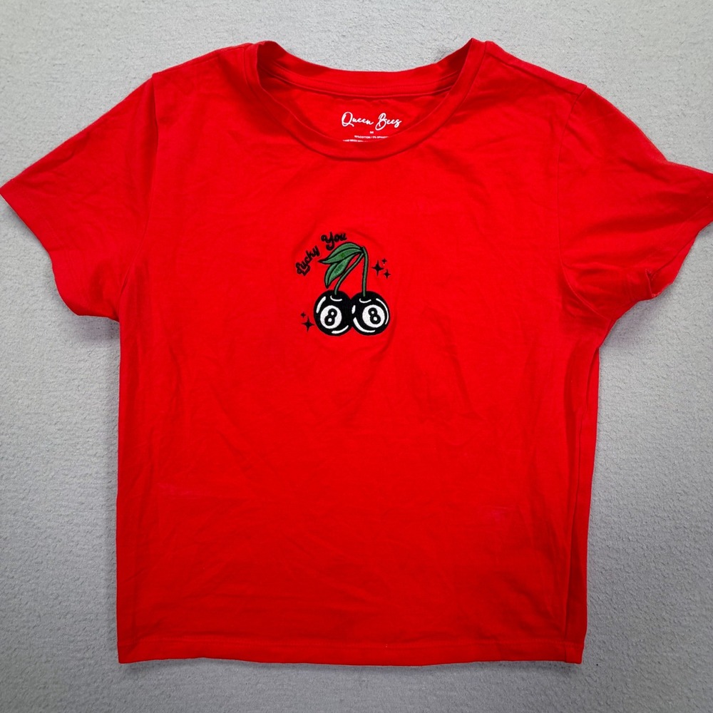 Queen Bees Graphic Tee Women Medium Good Red Lucky You Cherry 8 Ball Baby Tee